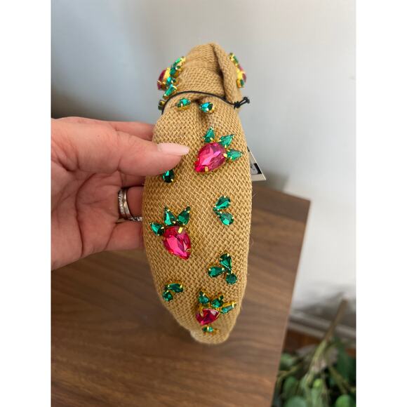 NWT Lele Sadoughi Crystal Radish Knotted Jute Gold-Pleated Headband Brown - Picture 3 of 10